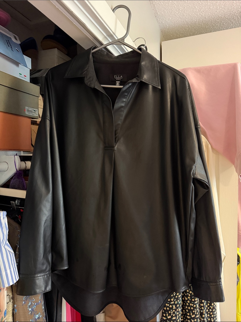 Ella Rafaella Black Faux Leather Collared Blouse Pullover